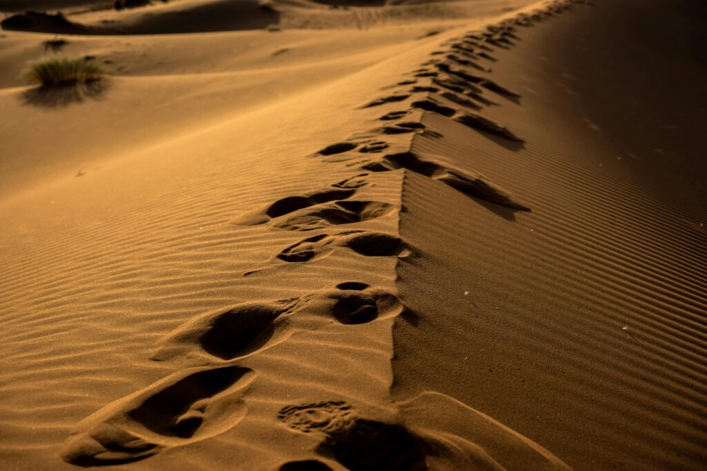pexels-photo-998633-998633 Footprints trail across sand dunes in Morocco's Ksar Tanamouste, captured at sunset.